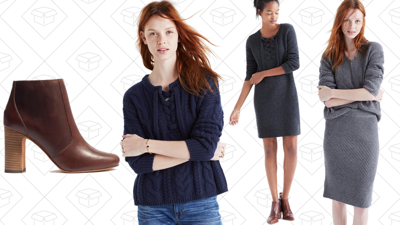 The Sutton Boot, $70 | Lace-Up Pullover Sweater, $59 | Lace-Up Sweater-Dress, $70 | Woolside Sweater Skirt, $55